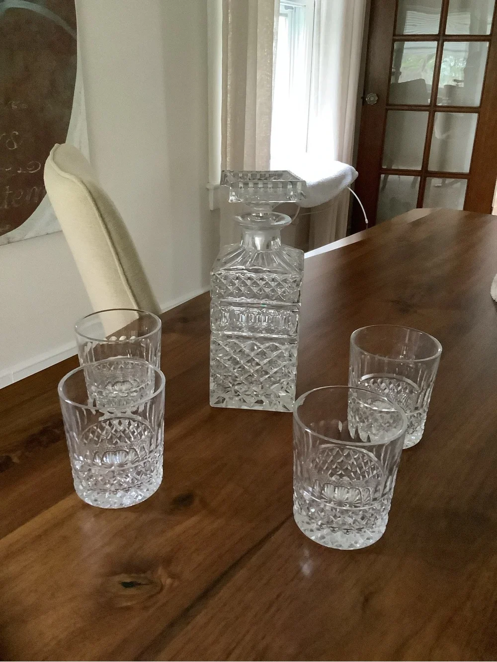 Vintage Clear Cut-Glass Decanter Set with Four old-fashioned glasses